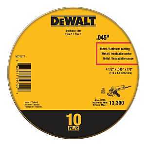 DEWALT DWA8051T10 4‑1/2‑in Cut‑Off Wheel – Thin 0.045‑in Aluminum Oxide Abrasive for Fast Metal Cutting