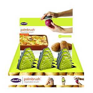 Chef'n 102-216-336 Palm Vegetable Brush, 3-1/2 in OAL, Plastic Handle, Gray/Yellow Handle