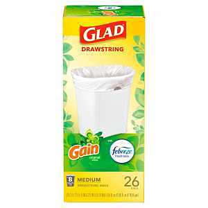 Medium Drawstring Trash Bags, 8 Gallon, White, Gain Original Scent with Febreze Freshness, 26 Count