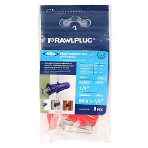 Rawlplug Uno Multi‑Purpose Polypropylene Anchor – 13 mm Thread, 1‑¼ in Length, #6 Screw