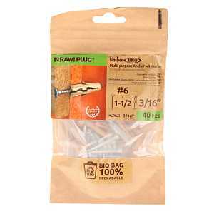 Rawlplug UNO Series R-BIO-UNOT3/16+6- Drywall Anchor, 24 mm L, Polypropylene/Recycled Timber, 15 to 120 lb