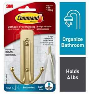 Command BATH36-BR-ES Large Bath Hook, 4 lb, 2-Hook, Metal, Satin Brass