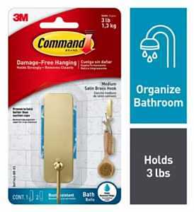 Command BATH43-BR-ES Medium Bath Hook, 3 lb, 1-Hook, Metal, Satin Brass