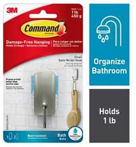 Command BATH33-SN-2ES Small Bath Hook, 1 lb, Metal, Silver, Satin Nickel
