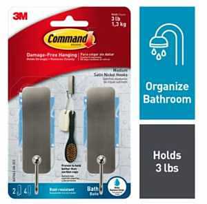 Command BATH43-SN-2ES Medium Bath Hook, 3 lb, 1-Hook, Metal, Satin Nickel