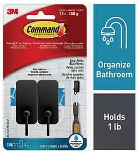 Command BATH33-MB-2ESF Small Bath Hook, 1 lb, 2-Hook, Metal, Matte Black