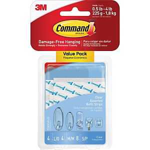 Command 17200CLR-16ESF Assorted Refill Strip, 3/4 in W, 5 in L, Plastic Backing, Clear