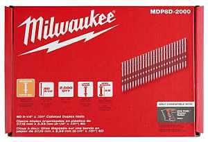 Milwaukee MDP8D-2000 Collated Duplex Nail, 8D, 2-7/8 in L, Steel, Silver, Round Head, Smooth Shank