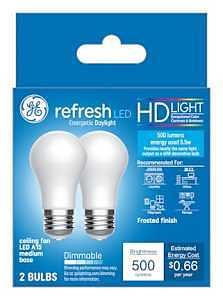 HD+ Refresh LED Ceiling Fan Light Bulbs, Daylight, A15, Medium Base, 5.5 Watt, 2-Pk.