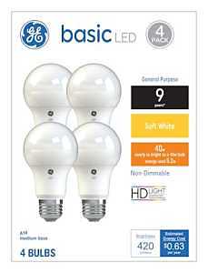LED 5.2w. A19 Soft White, Md Base, 4pk