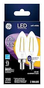 Decorative LED Light Bulbs, Candelabra Base, Soft White, Clear, 200 Lumens, 2.5 Watt, 2-Pk.