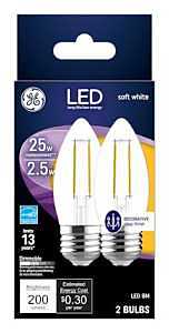 Decorative LED Light Bulbs, Dimmable, Soft White, Clear, 200 Lumens, 2.5 Watt, 2-Pk.