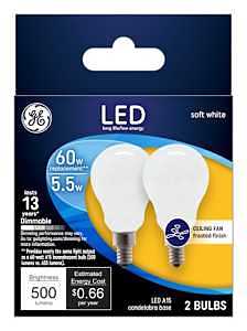 Ceiling Fan LED Light Bulbs, Candelabra Base, Soft White, Frosted, Dimmable, 500 Lumens, 5.5 Watt, 2-Pk.