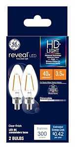 Reveal HD+ Decorative LED Light Bulbs, Candelabra Base, Clear, Dimmable, 240 Lumens, 4 Watt, 2-Pk.