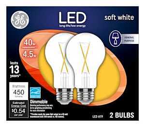 Led 4.5w A19 Light Bulbs, Soft White Clear, 450 Lumens, 2-pk, 15,000 Hr Life