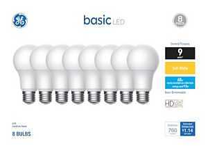 GE Basic 9.5W A19 Frosted Soft‑White LED Bulb – 60W Equivalent, E26 Base