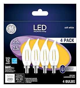 Decorative LED Light Bulbs, Candelabra Base, Soft White, Clear, 200 Lumens, 2.5 Watt, 4-Pk.