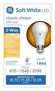 GE 93130566 LED Bulb, 3-Way, A19 Lamp, 50/100/150 W Equivalent, Medium Lamp Base, Soft White Light, 2700 K Color Temp