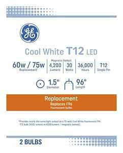 GE 93132046 LED Linear Light Bulb, T12 Lamp, 75 W Equivalent, Single Pin Lamp Base, Cool White, 4000 K Color Temp