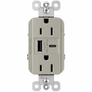 Pass & Seymour Duplex Outlet + USB Charger, Type A/C, Nickel, 6.0A, 15-Amp