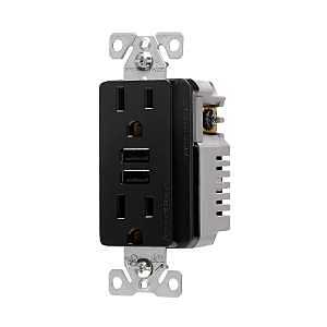 Eaton Wiring Devices TR7765BK-KB-L Combination USB Charger with Duplex Receptacle, 2-Pole, 15 A, 125 V, 2-USB Port