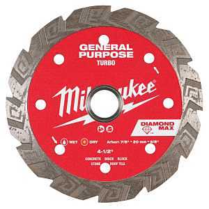 Milwaukee DIAMOND MAX 49-93-9104 Turbo General-Purpose Saw Blade, 4-1/2 in Dia, 7/8 in-20 mm-5/8 in Arbor, Turbo Rim