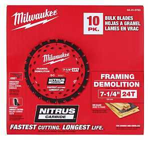 Milwaukee 48-41-0750 Circular Saw Blade, 7-1/4 in Dia, 5/8 in Arbor, 24-Teeth, NITRUS Carbide Cutting Edge
