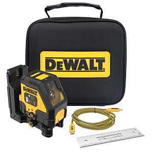 DEWALT 100‑ft Rechargeable Red Cross‑Line Laser Base Kit – USB Powered, 165 ft with Detector