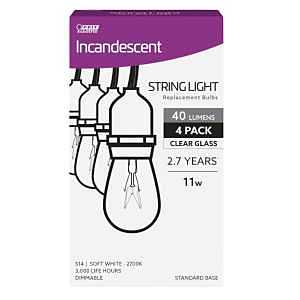 Feit Electric 11S14/4-130 Incandescent Bulb, 11 W, S14 Lamp, E26 Medium Lamp Base, 40 Lumens, 2700 K Color Temp