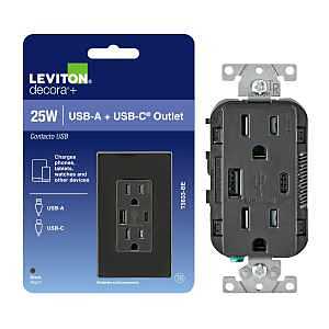 Leviton T5633-R05-0BE Outlet with USB Port, 15 A, 125 V, 2-USB Port, Type A, C USB, NEMA: NEMA 5, Black