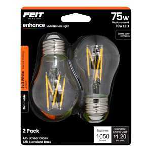 Feit Electric BPA1575927CAFIL/2/RP Filament LED Bulb, A15 Lamp, 75 W Equivalent, E26 Medium Lamp Base, Dimmable, Clear