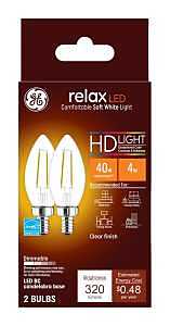 Relax Decorative HD LED Light Bulbs, Soft White, Clear, Candelabra Base, 300 Lumens, 4 Watt, 2-Pk.