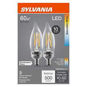 Sylvania 42597 LED Bulb, 5CCT Selectable, B10 Lamp, 60 W Equivalent, E12 Candelabra Lamp Base, Dimmable, Clear