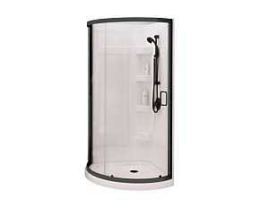 Maax Cyrene Matte Black Center‑Drain Shower Kit – 34‑in Round Enclosure with Built‑In Shelves