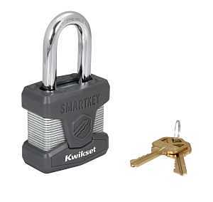 Kwikset SmartKey Laminated Padlock with Boron Carbide Shackle – Heavy‑Duty Silver Steel Lock